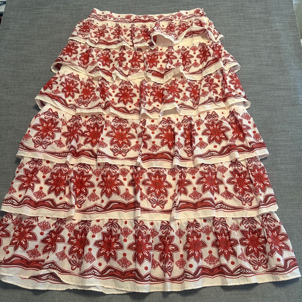 Farm Rio for Anthropologie Tiered Maxi Skirt Womens XL Red Ivory Floral Skirt